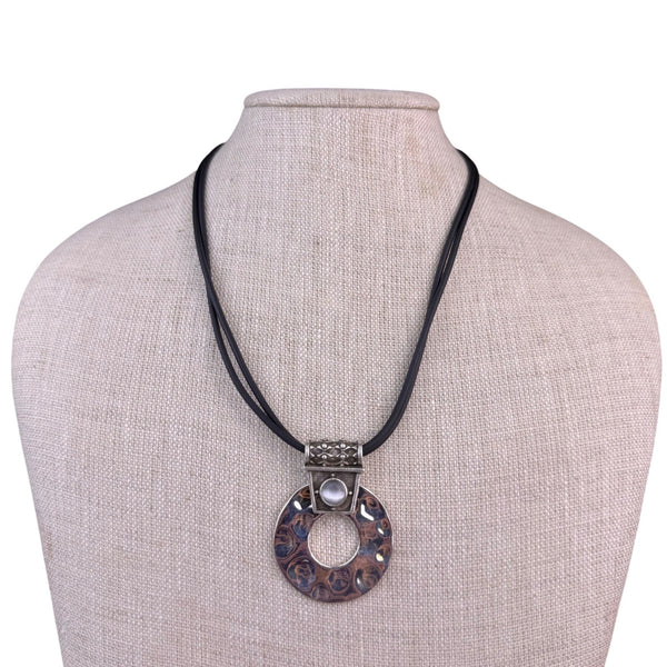Silver Tone Womens Black Leather Necklace W/ White Eye Stone Pendant