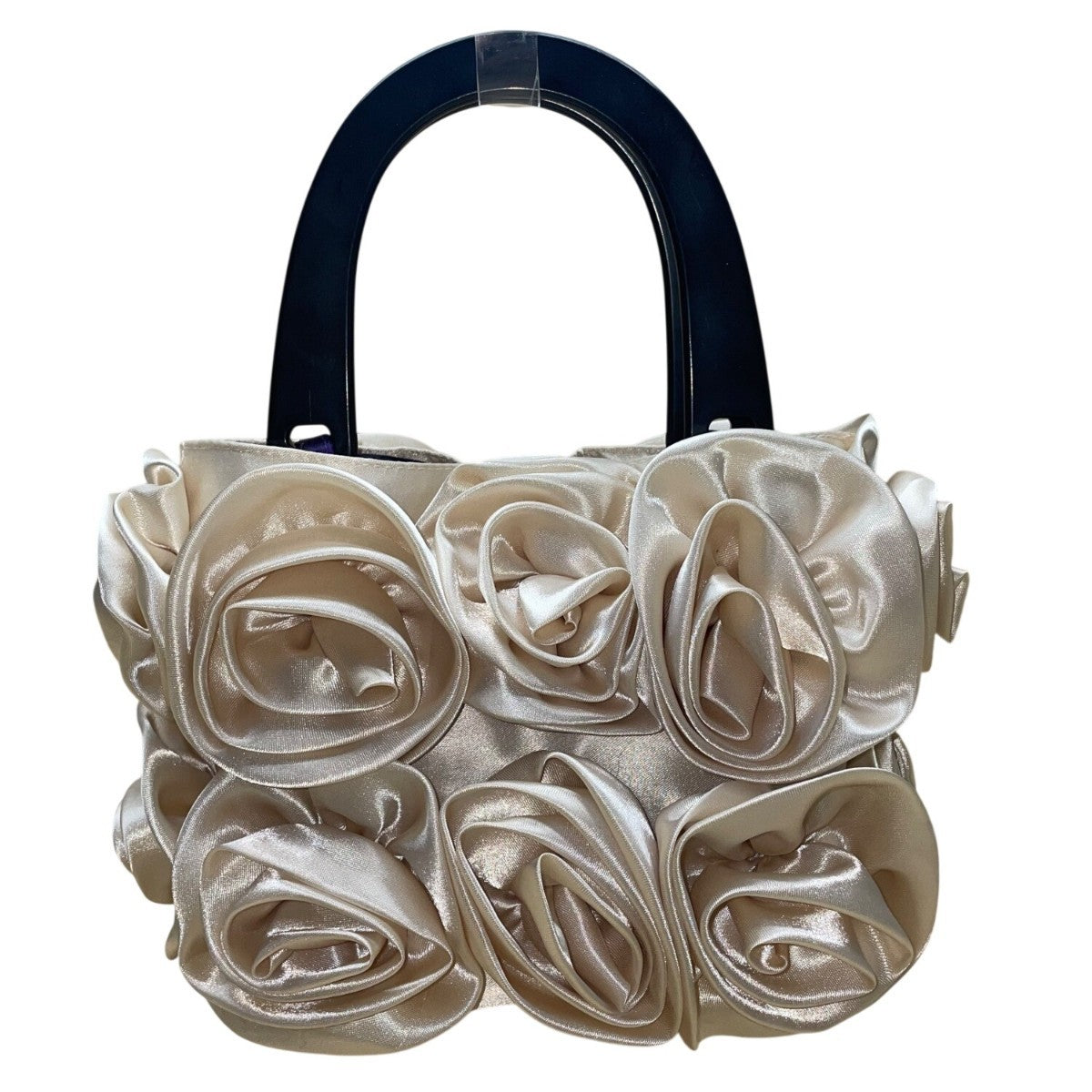 For Your Ease Only Women’s Ivory Floral Rose Satin With Black Handles Handbag