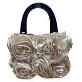 For Your Ease Only Women’s Ivory Floral Rose Satin With Black Handles Handbag