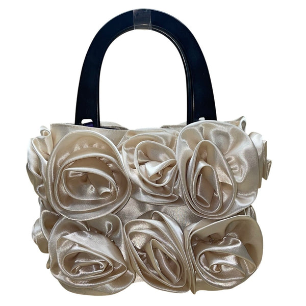 For Your Ease Only Women’s Ivory Floral Rose Satin With Black Handles Handbag