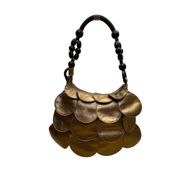 Gold Women’s Faux Leather Scaled Circle Design Black Beaded Handle Shoulder Bag