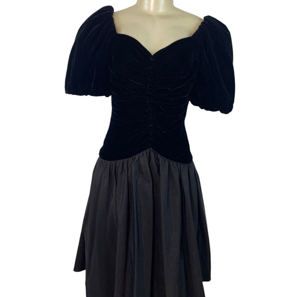 Vintage Nili Martin Black Velvet Puff Sleeve Corset Bodice Dress Womens
