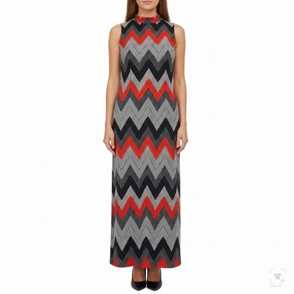 Chevron Pattern Womens Sleeveless Maxi Dress Red/Black/Gray Sz L