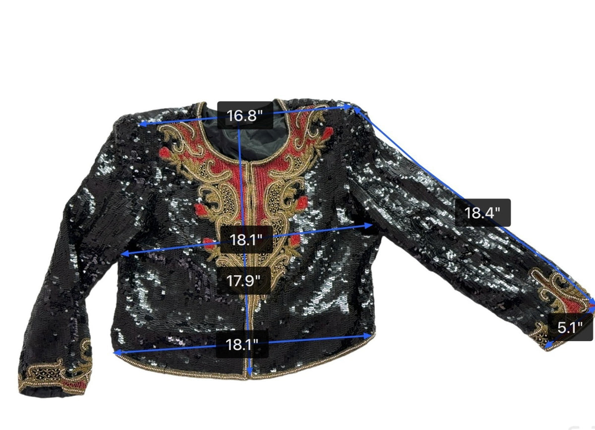 Marie Ellyse Womens Black Sequin & Gold Embellished Silk Cropped Jacket Size L