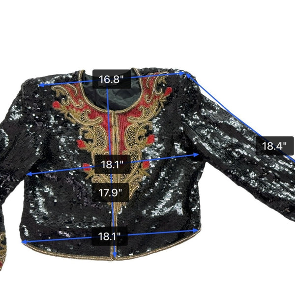 Marie Ellyse Womens Black Sequin & Gold Embellished Silk Cropped Jacket Size L