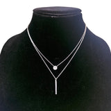 Sterling Silver Womens Double Layer Necklace Circle & Bar Pendant Adjustable