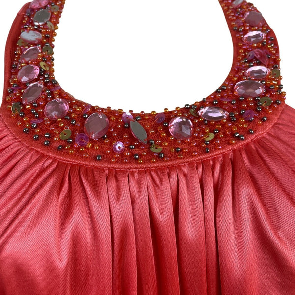 My Michelle Womens Red Satin Halter Evening Gown With Beaded Detailing Size XL