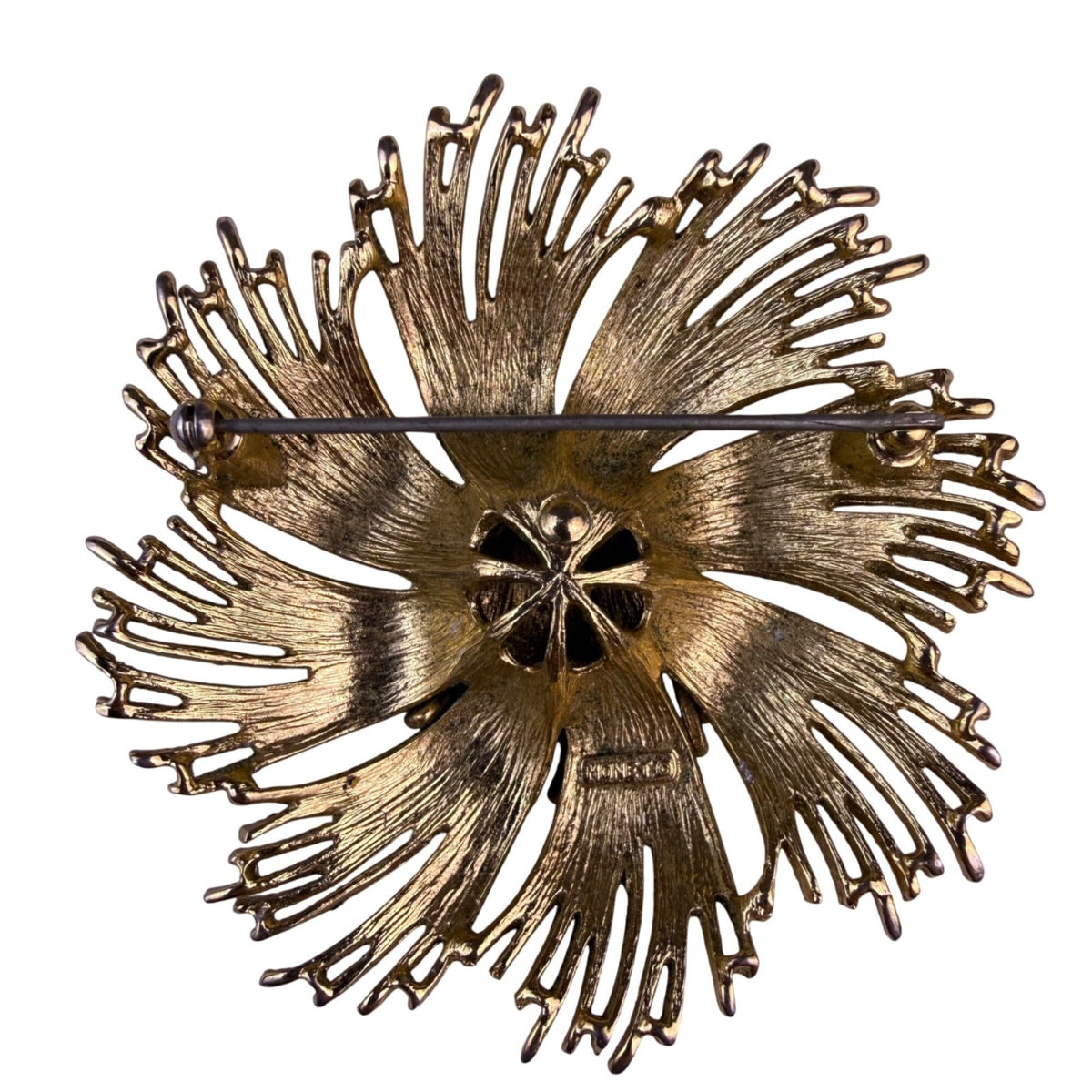 Monet Womens Gold Tone Metal Floral Fringe Brooch Pin Signed Vintage Jewelry