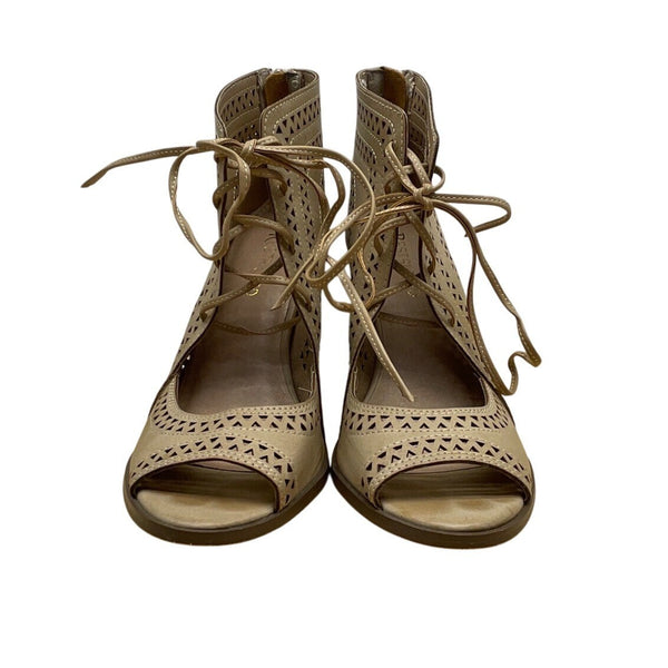 Restricted Womens Beige Peep-Toe Lace-Up Back Zipper Heeled Sandals Sz 8.5