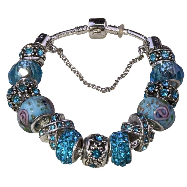 Blue Crystal & Silver Tone Charm Bracelet  Women’s Lightweight Glass Details