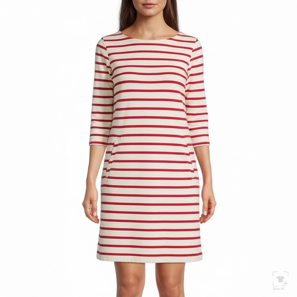 Lilla  P Womens Red / White Striped Dress 3/4 Sleeve Pockets Casual Sz XS
