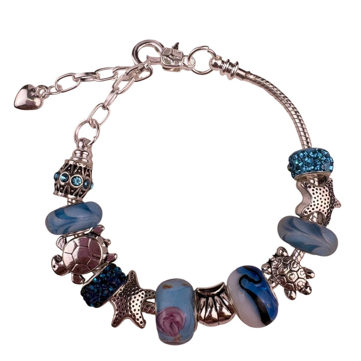 Silver-Tone Womens Blue Glass Bead Charm Bracelet Adjustable Turtle Starfish