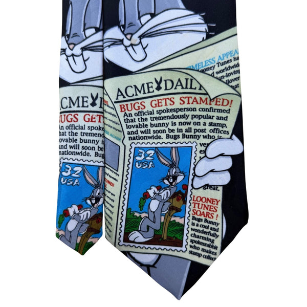 Looney Tunes Mens Black Polyester Bugs Bunny Stamp Collectible Necktie 1997 USA