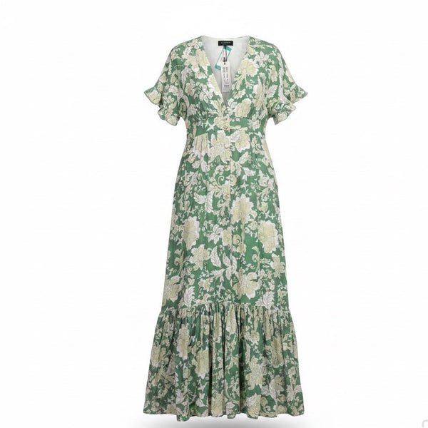 Minkpink Womens Green Floral Maxi Dress With Ruffle Sleeves & Buttons Size L