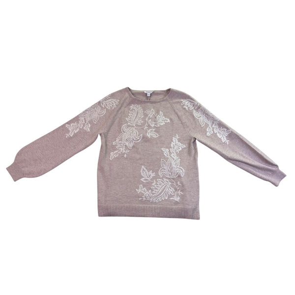 Chicos Womens Beige Embroidered Floral Design Knit Sweater Size M