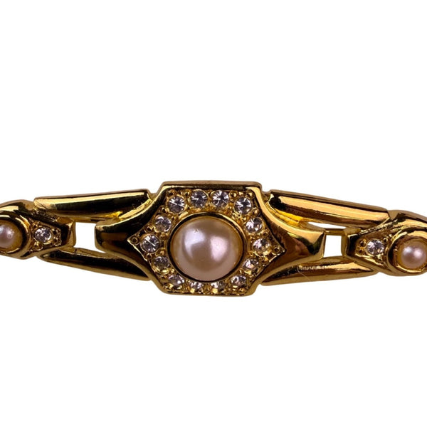 Vintage Gold Tone Faux Pearl & Rhinestone Bar Brooch Elegant Design