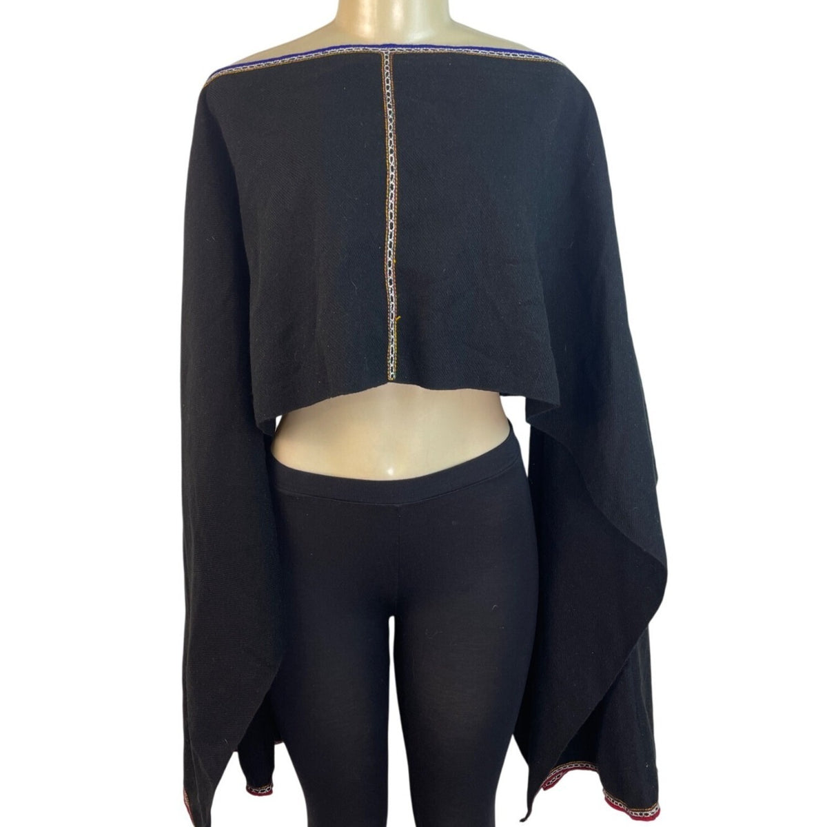 Black Boho Off-Shoulder Crop Top With Bell Sleeves & Embroidered Trim