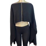 Black Boho Off-Shoulder Crop Top With Bell Sleeves & Embroidered Trim