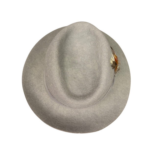 Vintage Gray Wool Felt Feather Mens Fedora Hat With Grosgrain Ribbon Band 7 1/4