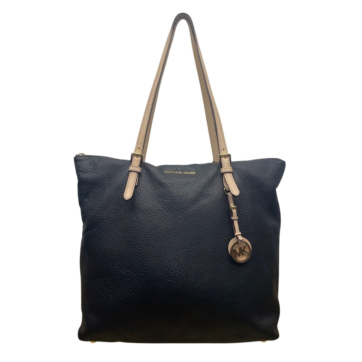 Michael Kors Women’s Black Pebbled Leather Gold Hardware Beige Straps Tote Bag