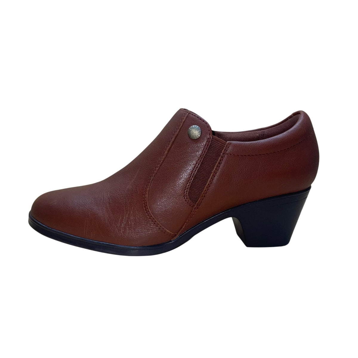 Clarks Women’s Brown Faux Leather Block Heel Emily2 Reyna Ankle Booties Size 10