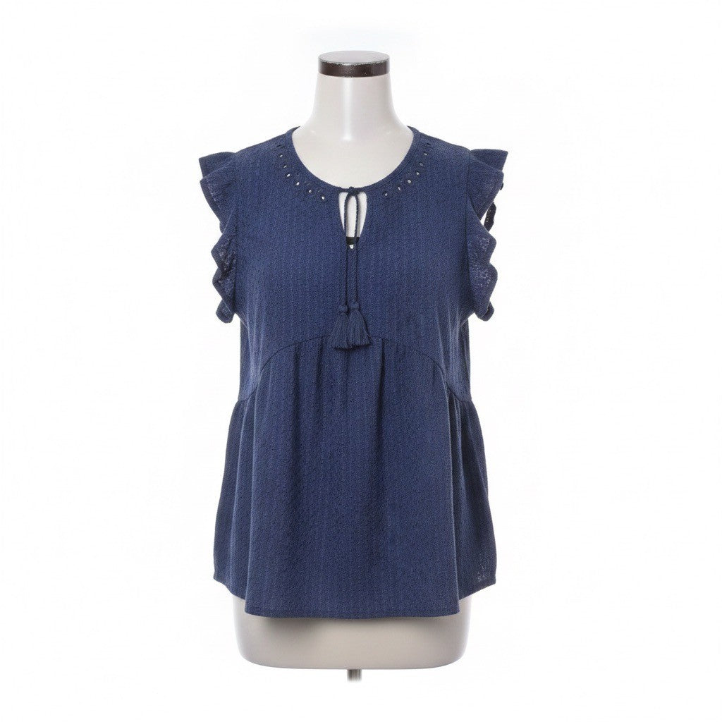 Steve Madden Womens Ensign BlueTextured Blouse With Tassels Sz XL
