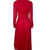 Vintage Red Long-Sleeve Chiffon Dress With Pleated Wrap Bodice Sz 10