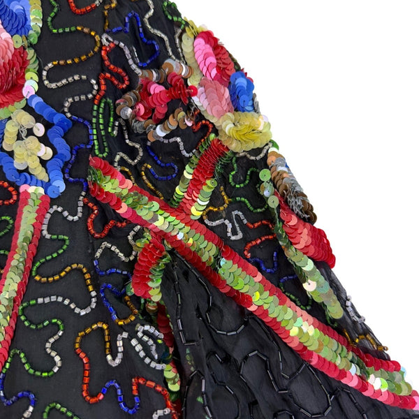 Swee Lo Womens Black Silk Beaded & Sequin Shirt Floral Design Size L