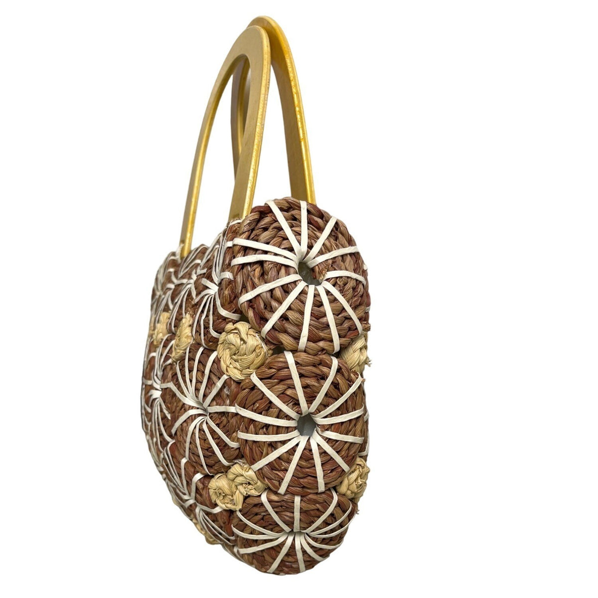 Handcrafted Women's Tropical Brown Circle Straw Braided Handbag Sz M