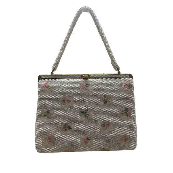 Vintage Lumured Women’s White Beaded Floral Pattern Clasp Closure Handbag