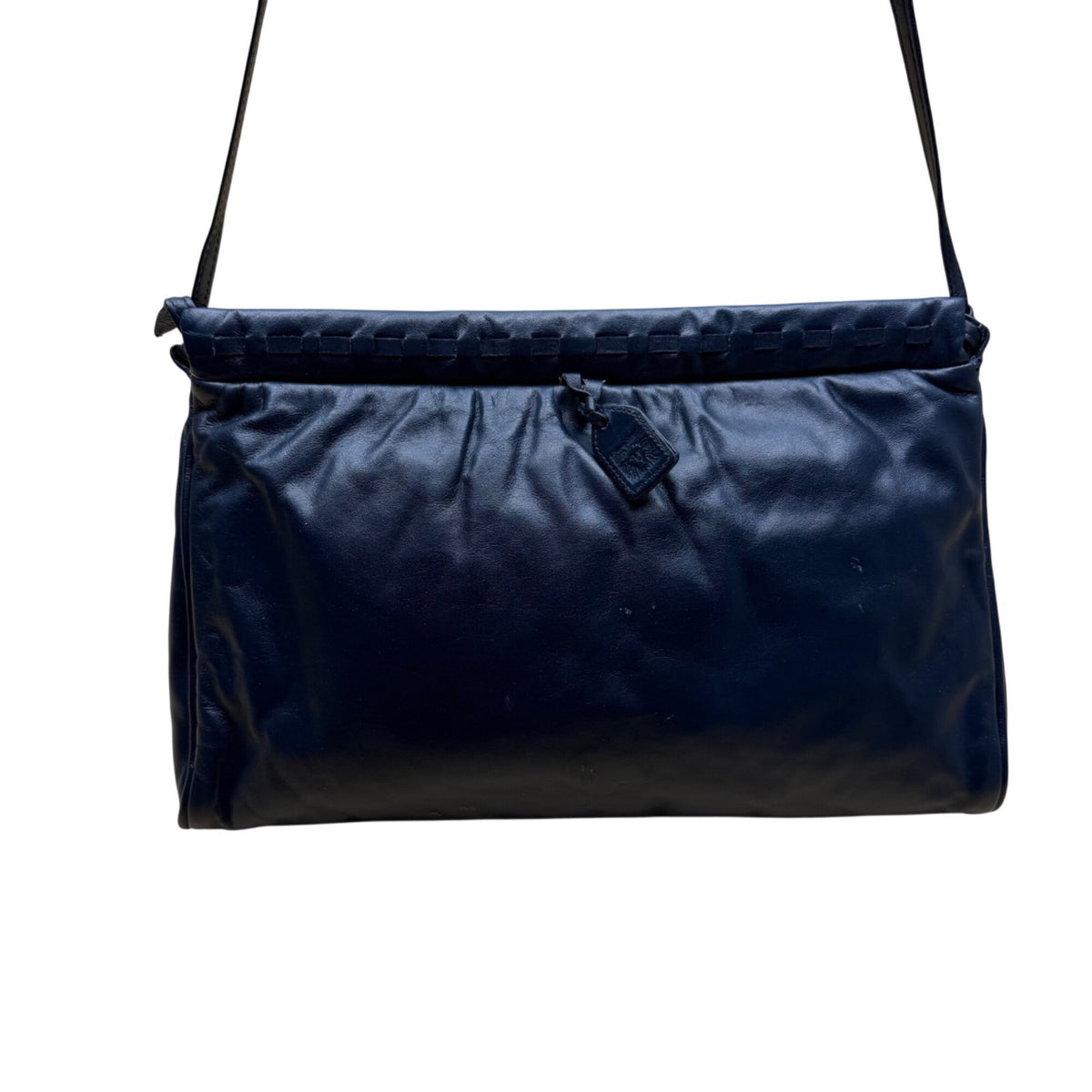 Anne Klein Women’s Dark Blue Leather Soft Woven Detail Logo Tag Shoulder Bag
