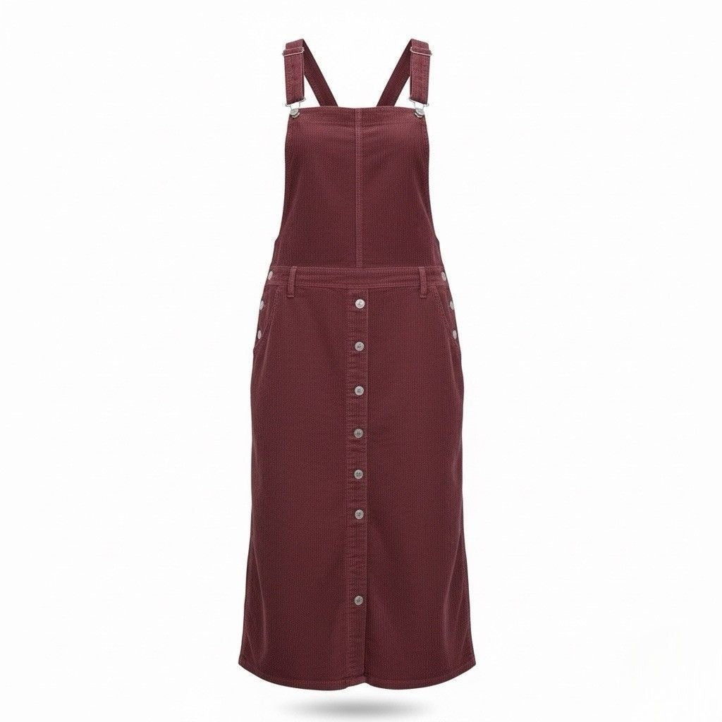 Levis Womens Burgundy Cotton Corduroy Button-Front Overall Midi Dress Size M