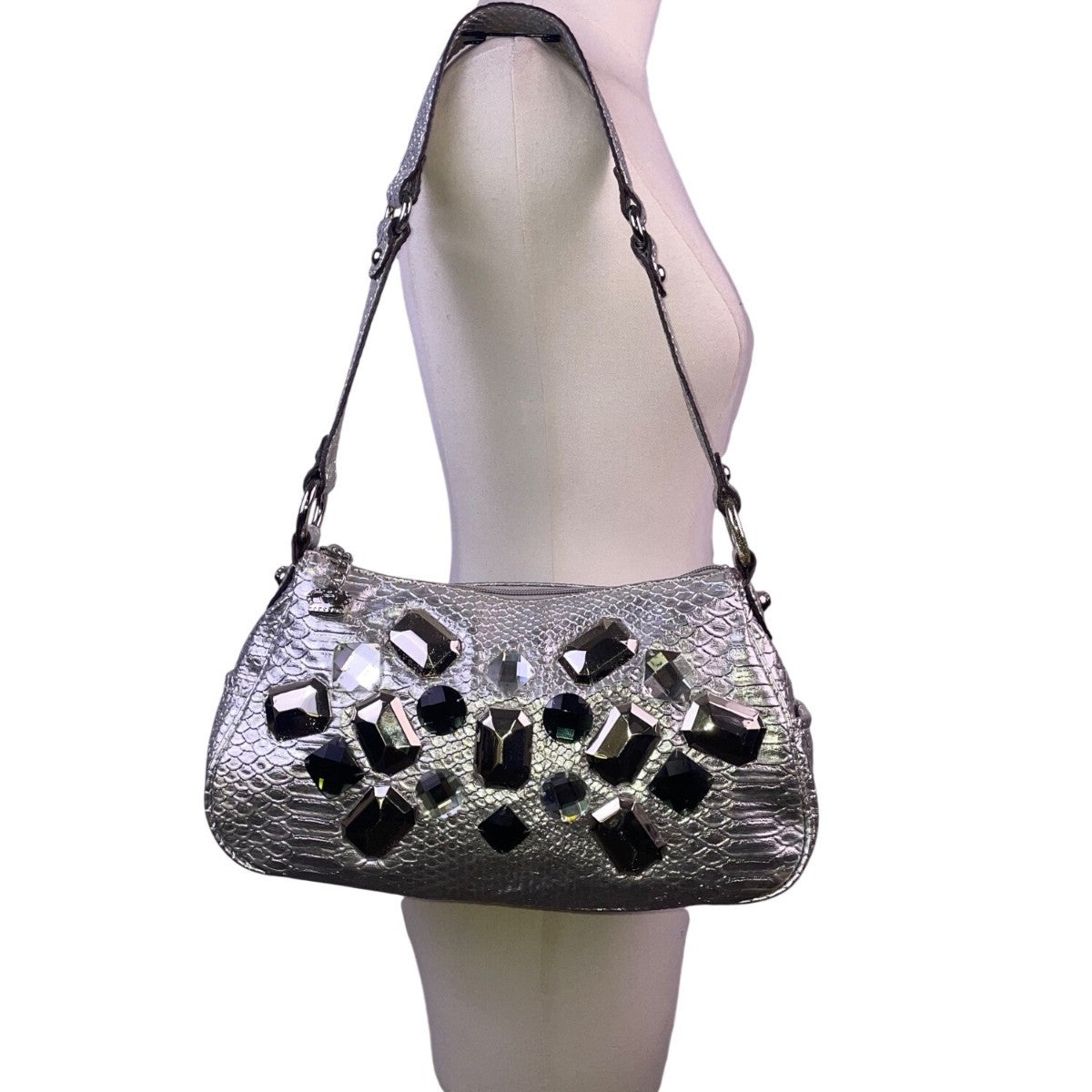 Kathy Women’s Silver Faux Snakeskin With Gemstone Embellishments Shoulder Bag