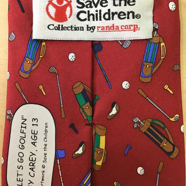 Save The Children Mens Red Silk Golf Themed Novelty Tie "Lets Go Golfin"