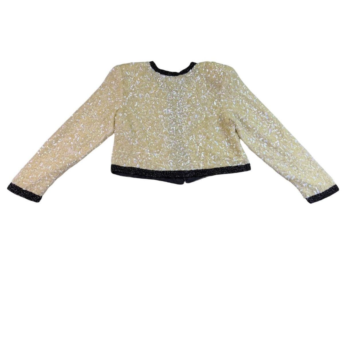 I. Magnin Womens Ivory & Black Silk Beaded Sequin Jacket 100% Silk Lining Size M