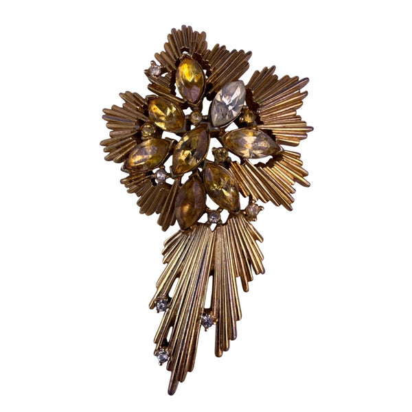 Trifari Vintage Womens Gold Tone & Amber Atomic Style Brooch Pin Jewelry