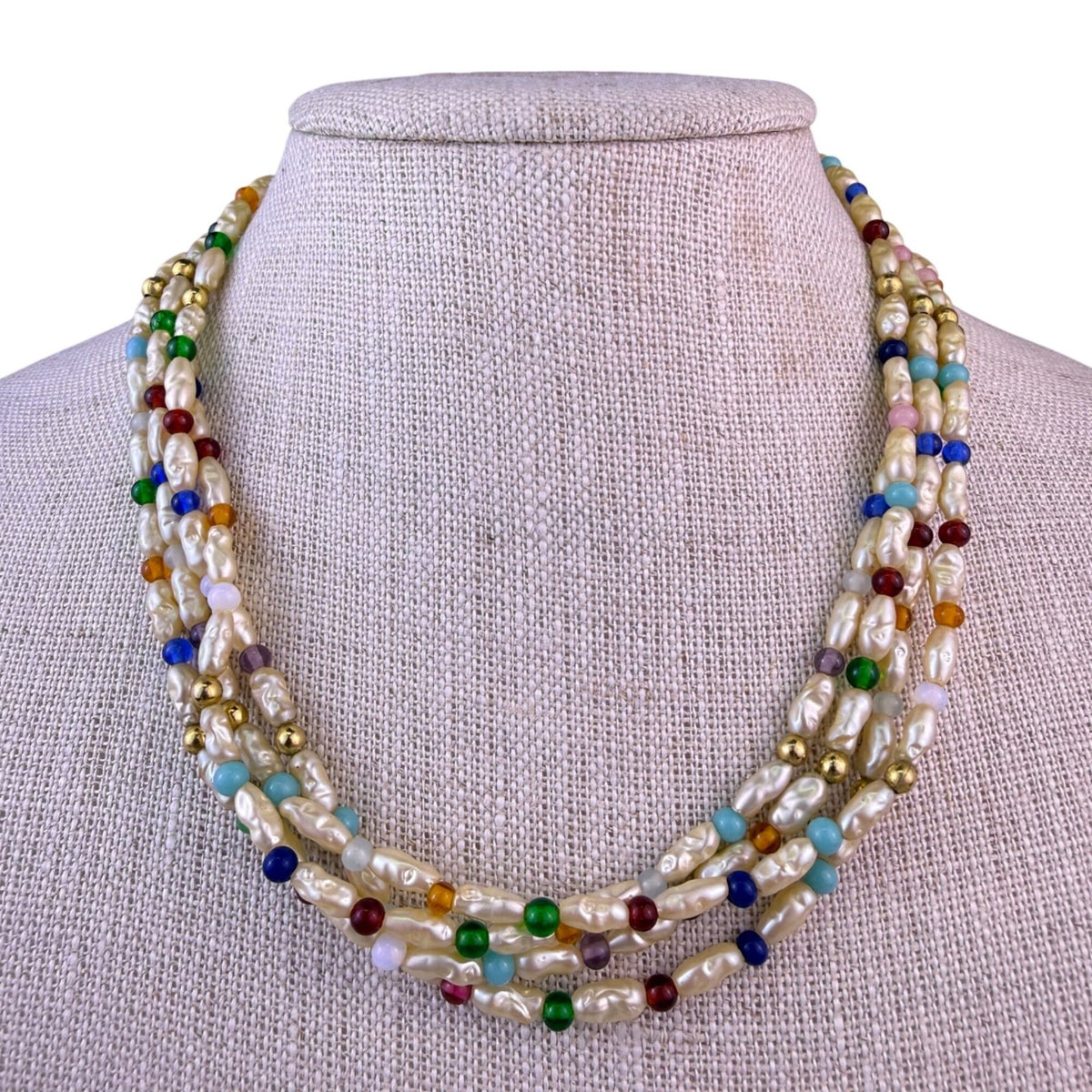 Multi-Color Freshwater Pearl & Gold Tone Beaded Necklace Multi-Strand
