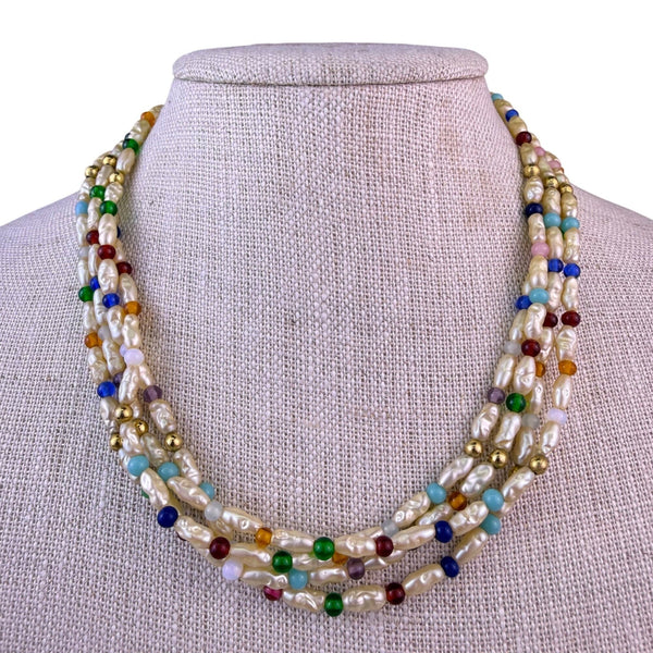 Multi-Color Freshwater Pearl & Gold Tone Beaded Necklace Multi-Strand