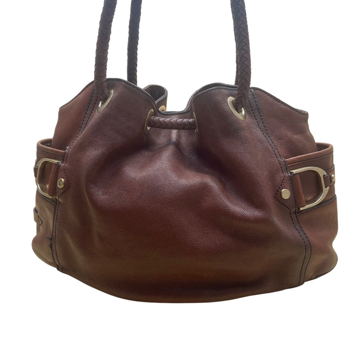 Cole Haan Women’s Brown Leather Drawstring Braided Handles Slouchy Shoulder Bag