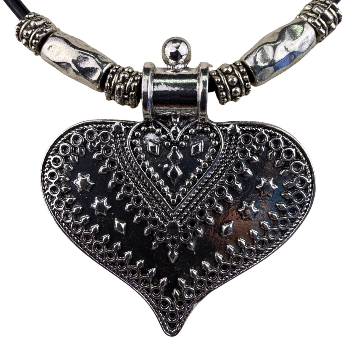 Silver Tone Womens Heart Pendant Necklace With Leather Cord