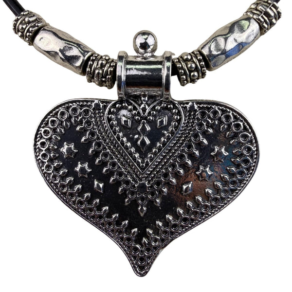 Silver Tone Womens Heart Pendant Necklace With Leather Cord