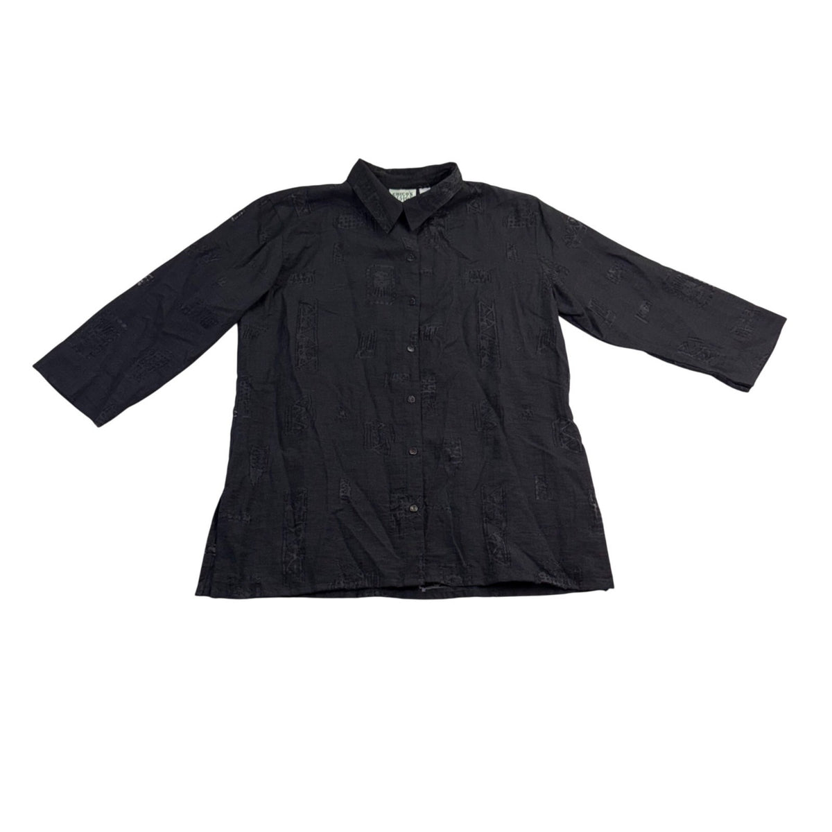 Chicos Womens Black  Button-Down Shirt 3/4 Sleeve Textured Size 2