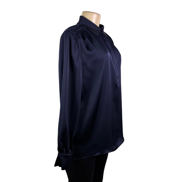 Brooks Brothers Womens Navy Satin Button-Up Collared Blouse Size 12 - New