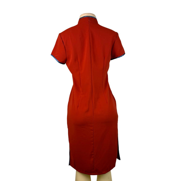 Womens Red Cheongsam Qipao Dress With Blue Trim & Embroidery Elegant Style Sz XL