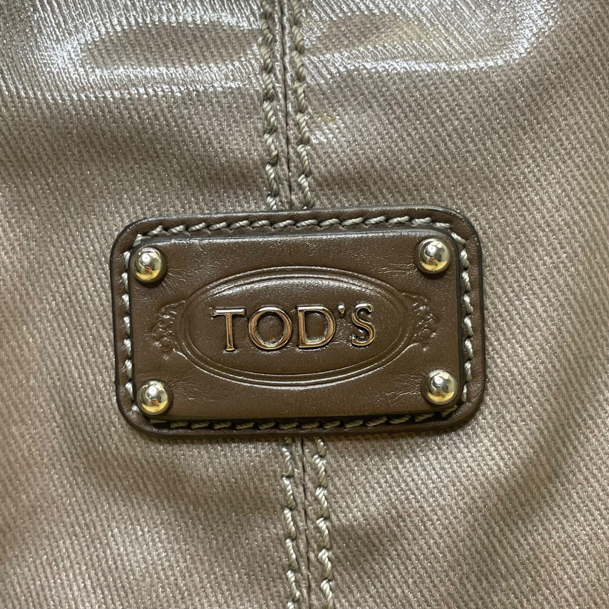 Tods Women’s Gray Patent & Brown Double Strap Signature Logo Accent Tote Bag