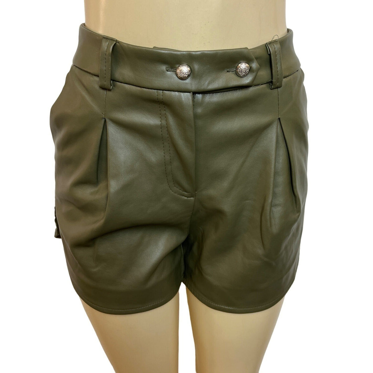 Atelier Linah Women's Green High Waisted Synthetic Leather Tulip Hem Shorts Sz 3
