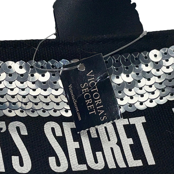 Victorias Secret Women’s Black Whit Silver Sequin Logo Tote Bag & Pouch Set