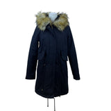 Boohoo Women's Black Faux Fur Hooded Parka Jacket Full-Zip Drawstring Waist Sz 4