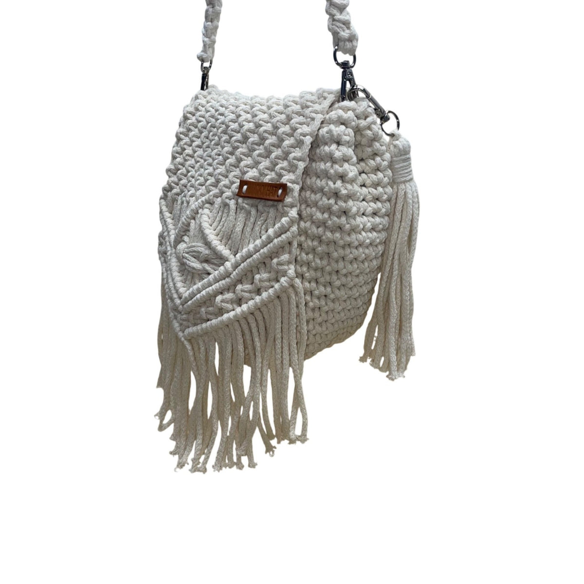 Lucky Hat Women’s White Macrame With Fringe Detail Crossbody Bag