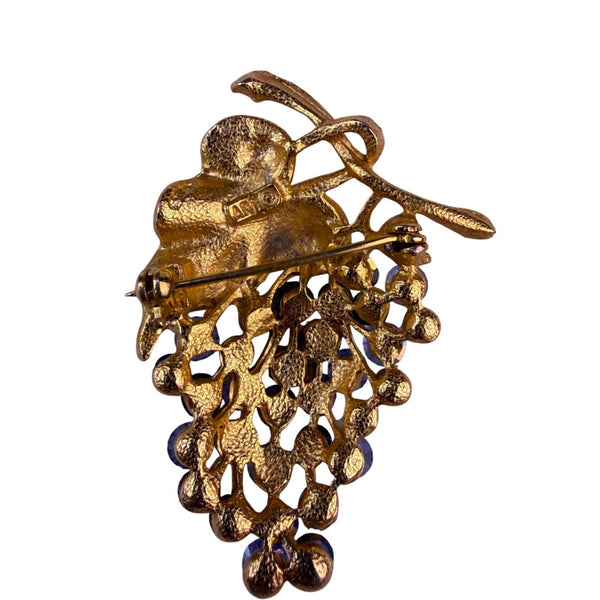 Art Signed Women Gold Tone Rhinestone Brooch Grape Cluster Cobalt & Lavender